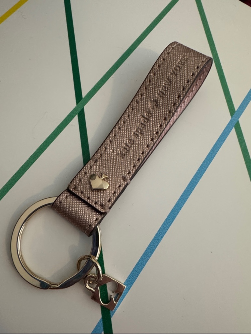 Metallic Rose Gold Leather Key Fob with Heart Stud Kate Spade